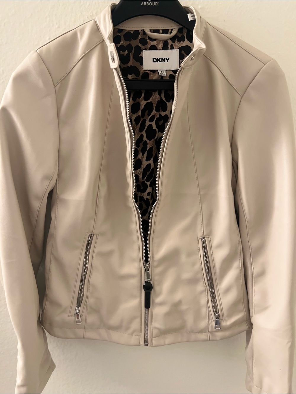 DKNY Cream Faux Leather Zip-Front Jacket with Leopard Lining